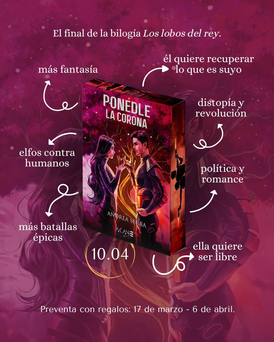 Portada de mi novela "Echadla a los lobos" con sus tropes alrededor: representan mundos distintos, romance militar, mundo distópico, proximidad forzada, enemies to lovers, él niega sus sentimientos, dicen que ella no tiene escrúpulos. Y "en librerías el 10